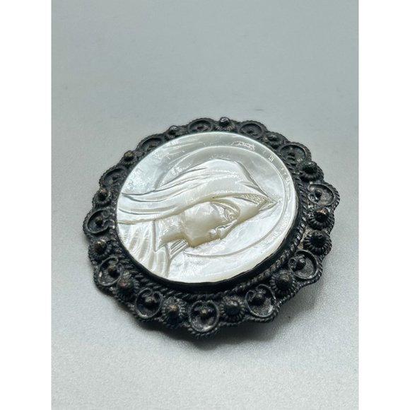 MOP Mother of Pearl Religious Cameo Brooch Jerusalem Holy Mary Pin and Pendant - Picture 3 of 7